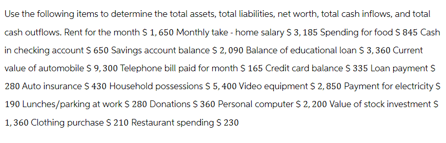 Use the following items to determine the total assets, total liabilities, net worth, total cash inflows, and total
cash outflows. Rent for the month $ 1,650 Monthly take - home salary $ 3, 185 Spending for food $ 845 Cash
in checking account $ 650 Savings account balance $ 2,090 Balance of educational loan $ 3, 360 Current
value of automobile $ 9,300 Telephone bill paid for month $ 165 Credit card balance $ 335 Loan payment $
280 Auto insurance $ 430 Household possessions $ 5,400 Video equipment $ 2,850 Payment for electricity $
190 Lunches/parking at work $ 280 Donations $ 360 Personal computer $ 2, 200 Value of stock investment $
1,360 Clothing purchase $ 210 Restaurant spending $ 230