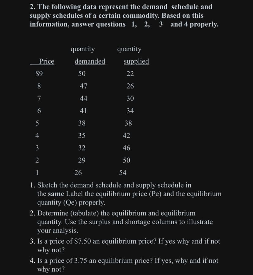 2. The following data represent the demand schedule and
supply schedules of a certain commodity. Based on this
information, answer questions 1, 2, 3 and 4 properly.
Price
$9
8
7
6
5
4
quantity
demanded
50
47
44
41
38
35
32
29
quantity
supplied
22
26
30
34
38
42
46
50
3
2
1
26
54
1. Sketch the demand schedule and supply schedule in
the same Label the equilibrium price (Pe) and the equilibrium
quantity (Qe) properly.
2. Determine (tabulate) the equilibrium and equilibrium
quantity. Use the surplus and shortage columns to illustrate
your analysis.
3. Is a price of $7.50 an equilibrium price? If yes why and if not
why not?
4. Is a price of 3.75 an equilibrium price? If yes, why and if not
why not?