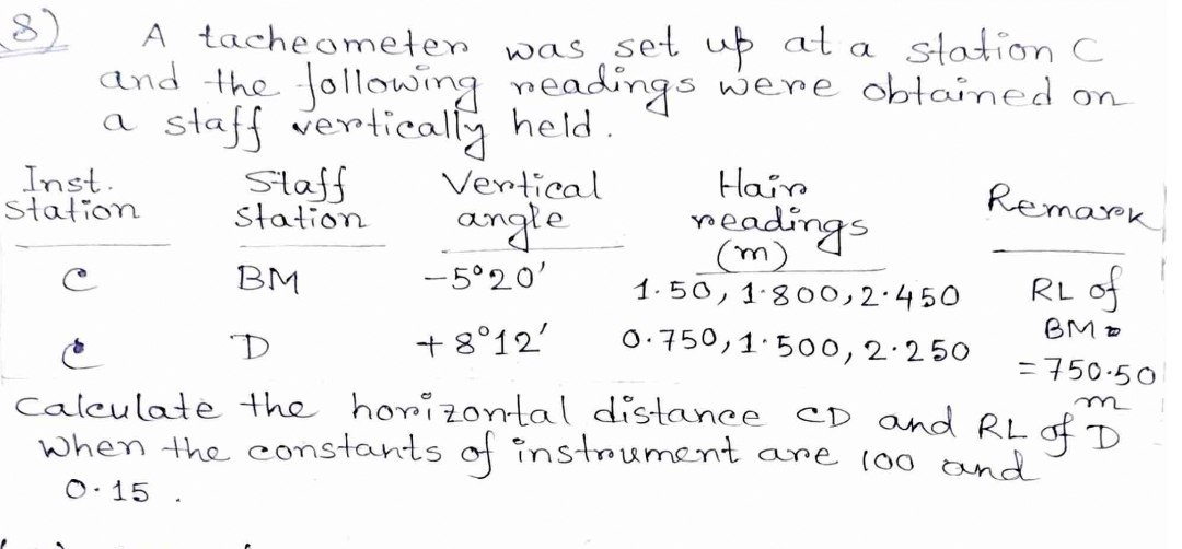 (8)
A tacheometer
and the following
a staff vertically held.
was set up at a station C
readings were obtained on
Inst.
Station
Remark
Staff
Station
BM
RL of
вмо
= 750-50
0.750,1.500, 2.250
D
m
calculate the horizontal distance CD and RL of D
When the constants of instrument are 100 and
0.15.
Vertical
angle
-5°20'
+8°12'
Hair
readings
(m)
1.50, 1.800,2.450