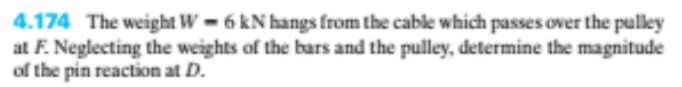 4.174 The weight W = 6 kN hangs from the cable which passes over the pulley
at F. Neglecting the weights of the bars and the pulley, determine the magnitude
of the pin reaction at D.
