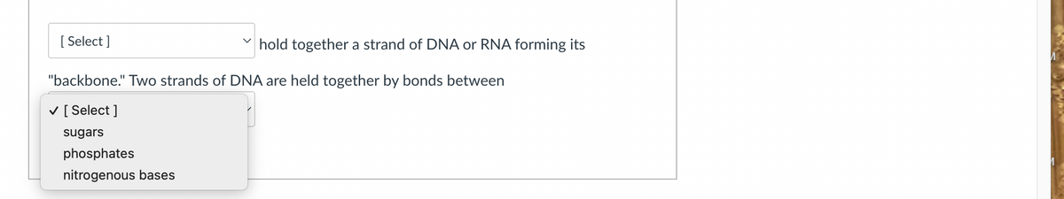 [Select]
hold together a strand of DNA or RNA forming its
"backbone." Two strands of DNA are held together by bonds between
✓ [Select]
sugars
phosphates
nitrogenous bases