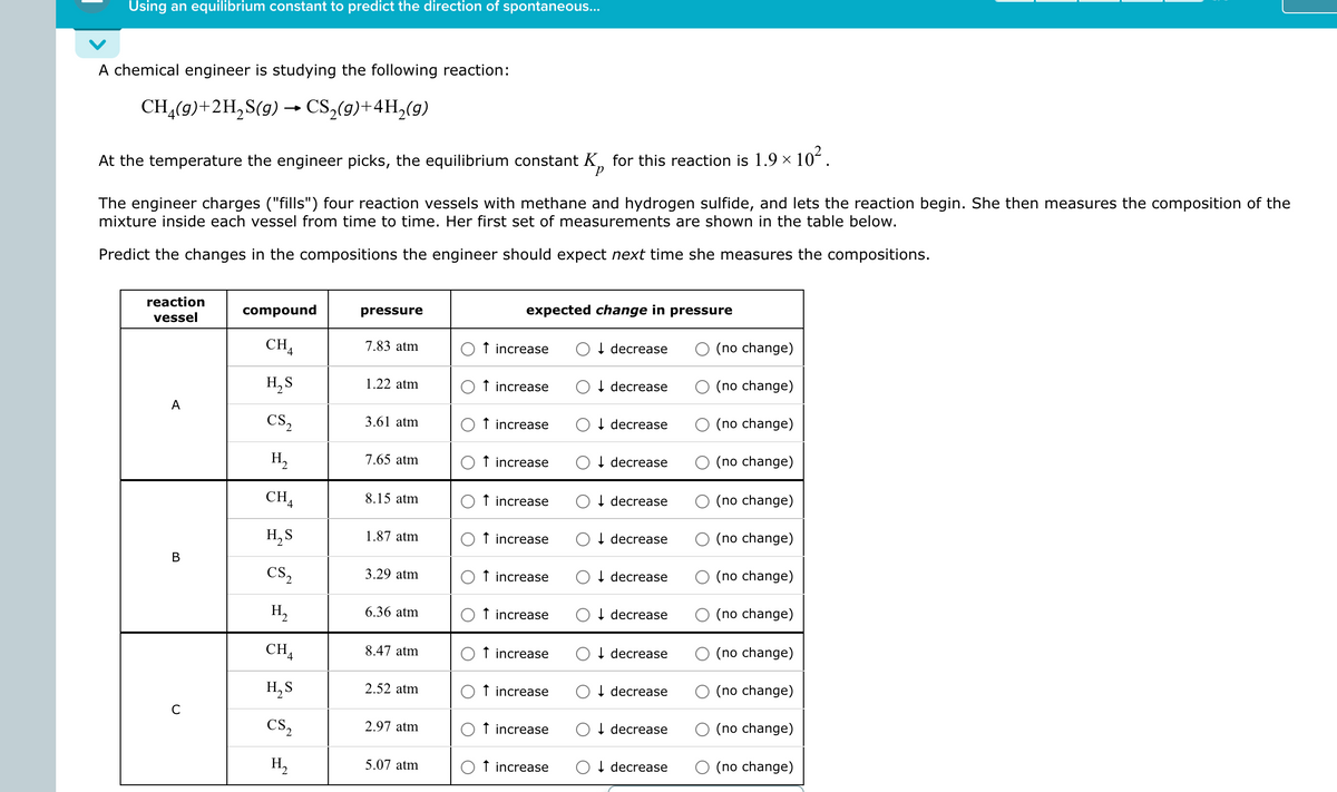 Using an equilibrium constant to predict the direction of spontaneous...
A chemical engineer is studying the following reaction:
CH₂(g)+2H₂S(g) → CS₂(g)+4H₂(g)
At the temperature the engineer picks, the equilibrium constant K for this reaction is 1.9 × 10².
The engineer charges ("fills") four reaction vessels with methane and hydrogen sulfide, and lets the reaction begin. She then measures the composition of the
mixture inside each vessel from time to time. Her first set of measurements are shown in the table below.
Predict the changes in the compositions the engineer should expect next time she measures the compositions.
reaction
vessel
A
B
U
compound
CHA
4
H₂S
CS2
H₂
CHA
H₂S
CS₂
H₂
CH_
H₂S
CS₂
H₂
pressure
7.83 atm
1.22 atm
3.61 atm
7.65 atm
8.15 atm
1.87 atm
3.29 atm
6.36 atm
8.47 atm
2.52 atm
2.97 atm
5.07 atm
expected change in pressure
increase
↑ increase
↑ increase
↑ increase
increase
↑ increase O decrease
increase
↑ increase
increase
↑ increase
↑ increase
decrease
↑ increase
↓ decrease
decrease
↓ decrease
↓ decrease
decrease
decrease
↓ decrease
decrease
O decrease
decrease
(no change)
(no change)
(no change)
(no change)
(no change)
(no change)
(no change)
(no change)
(no change)
(no change)
(no change)
(no change)