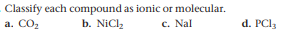 Classify each compound as ionic or molecular.
a. CO2
b. NiClz
c. Nal
d. PCl,
