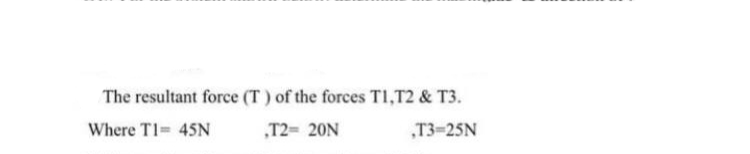 The resultant force (T) of the forces TI,T2 & T3.
Where TI= 45N
„T2= 20N
„T3-25N
