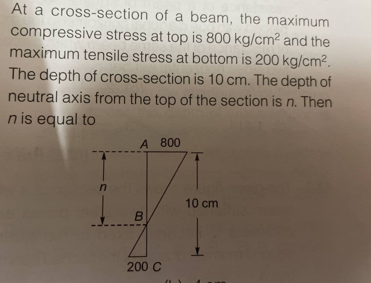 of a beam, the maximum
At a cross-section
compressive stress at top is 800 kg/cm² and the
maximum tensile stress at bottom is 200 kg/cm².
The depth of cross-section is 10 cm. The depth of
neutral axis from the top of the section is n. Then
n is equal to
n
A 800
B
200 C
10 cm