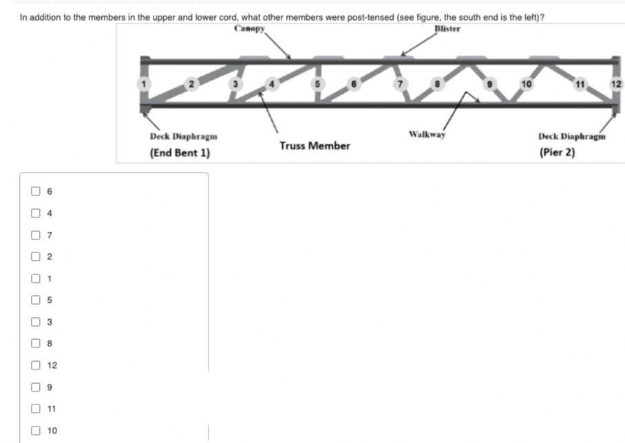 In addition to the members in the upper and lower cord, what other members were post-tensed (see figure, the south end is the left)?
Canopy
Blister
10
12
Deck Diaphragm
Walkway
Deck Diaphragm
Truss Member
(End Bent 1)
(Pier 2)
2
1
5
8
12
9
11
10
