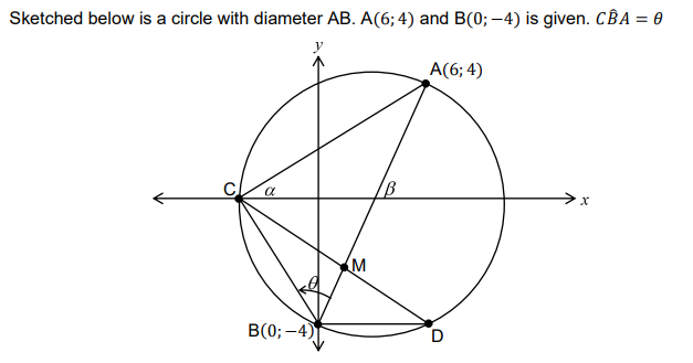 Sketched below is a circle with diameter AB. A(6; 4) and B(0; -4) is given. CBA = 0
%3D
A(6; 4)
M
B(0; -4)
