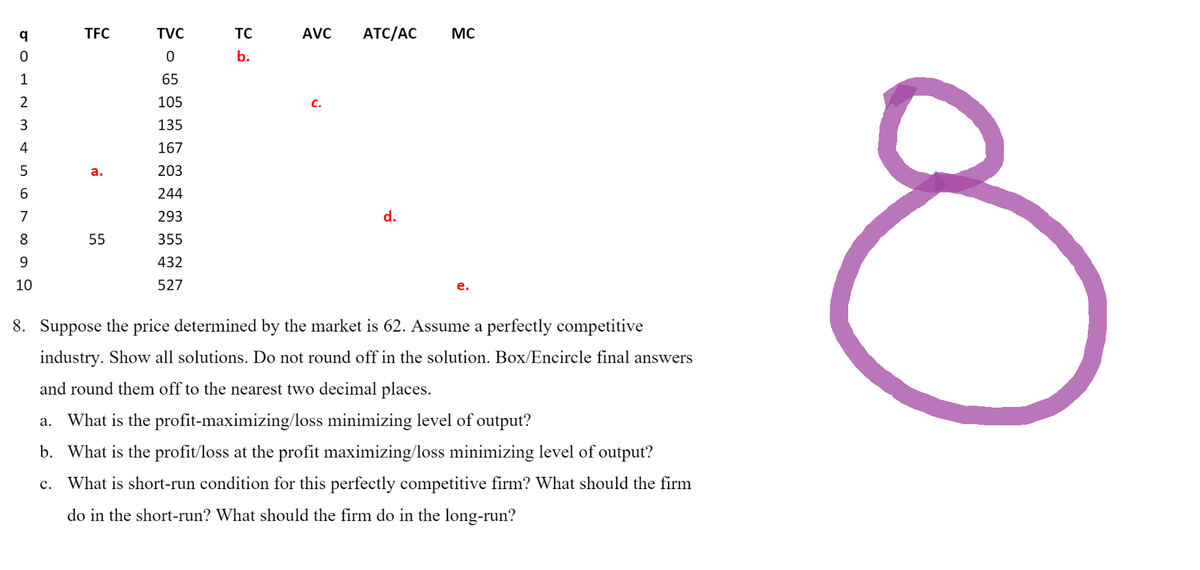 JOLE 3 567
TVC
0
65
105
135
167
a.
203
244
293
d.
8
55
355
9
432
10
527
8. Suppose the price determined by the market is 62. Assume a perfectly competitive
industry. Show all solutions. Do not round off in the solution. Box/Encircle final answers
and round them off to the nearest two decimal places.
a. What is the profit-maximizing/loss minimizing level of output?
b. What is the profit/loss at the profit maximizing/loss minimizing level of output?
c. What is short-run condition for this perfectly competitive firm? What should the firm
do in the short-run? What should the firm do in the long-run?
q
0
1
2
4
TFC
TC
b.
AVC
C.
ATC/AC MC
E
