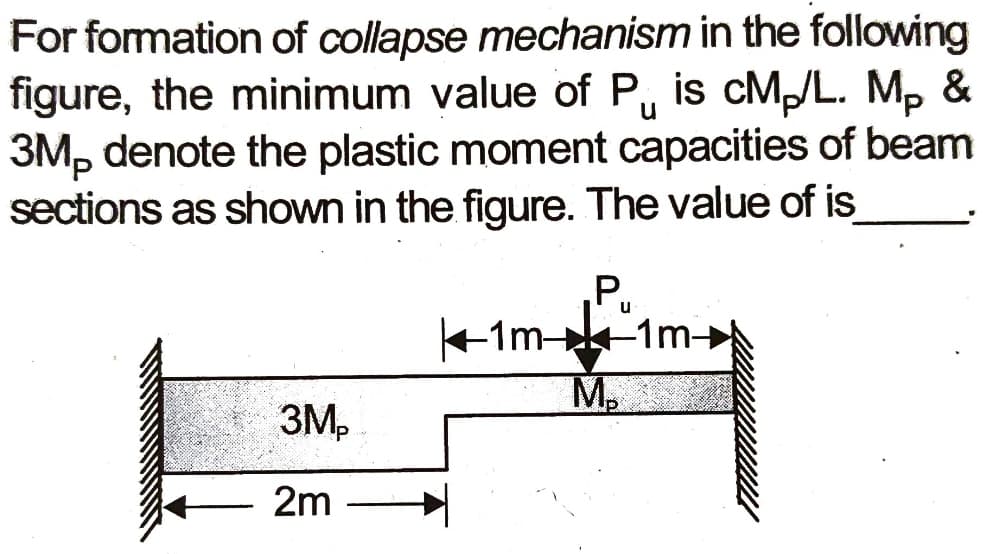 For formation of collapse mechanism in the following
figure, the minimum value of P, is cM/L. M, &
3M, denote the plastic moment capacities of beam
sections as shown in the figure. The value of is
u
Pu
+1m--1m-
M.
3M,
2m
