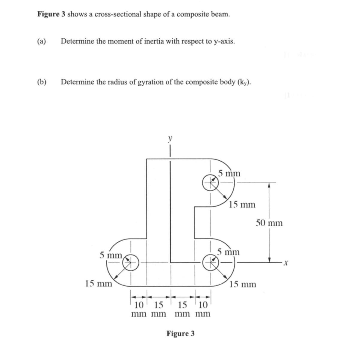 Figure 3 shows a cross-sectional shape of a composite beam.
(a) Determine the moment of inertia with respect to y-axis.
(b)
Determine the radius of gyration of the composite body (ky).
5 mm
15 mm
10 15 15 10
mm mm mm mm
Figure 3
5 mm
15 mm
5 mm
50 mm
15 mm
X