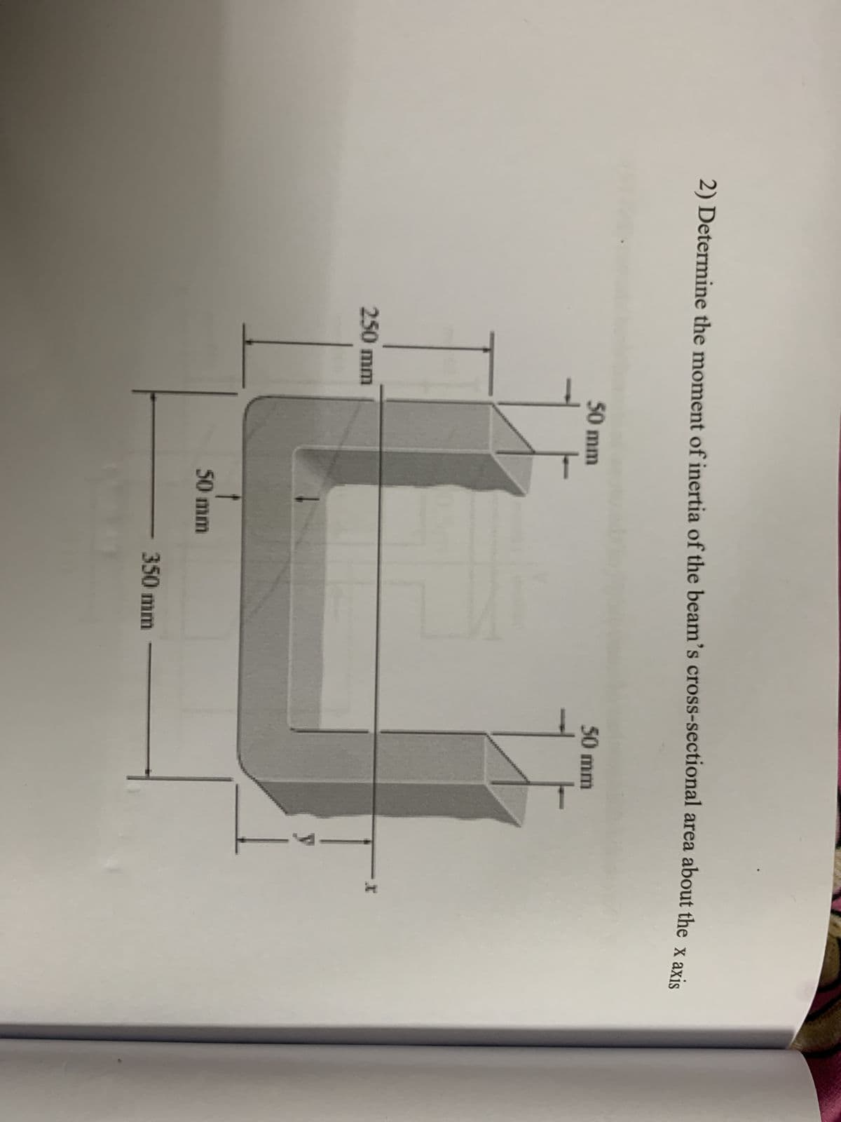 2) Determine the moment of inertia of the beam's cross-sectional area about the x axis
50 mm
50 mm
87
250 mm
50 mm
- 350 mm
y