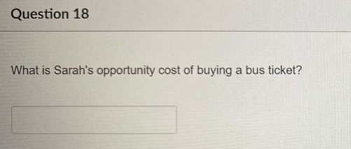 Question 18
What is Sarah's opportunity cost of buying a bus ticket?