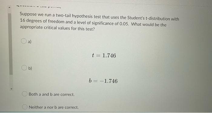 Suppose we run a two-tail hypothesis test that uses the Student's t-distribution with
16 degrees of freedom and a level of significance of 0.05. What would be the
appropriate critical values for this test?
a)
ww
b)
Both a and b are correct.
Neither a nor b are correct.
t = 1.746
b= -1.746