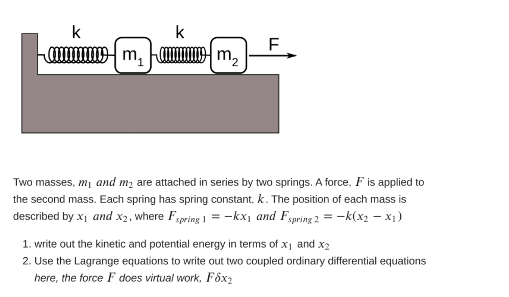 k
k
F
Two masses, m¡ and m2 are attached in series by two springs. A force, F is applied to
the second mass. Each spring has spring constant, k. The position of each mass is
described by x1 and x2, where Fspring 1 = -kx1 and Fspring 2 = -k(x2 – x1)
1. write out the kinetic and potential energy in terms of x1 and x2
2. Use the Lagrange equations to write out two coupled ordinary differential equations
here, the force F does virtual work, F8x2
