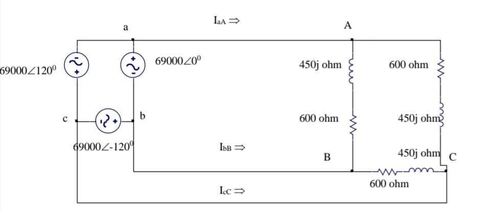 Iaa =
A
a
69000Z0°
450j ohm
600 ohm
69000Z120°
b
600 ohm
450j ohmg
69000Z-1209
IbB =
B
450j ohm
C
600 ohm
