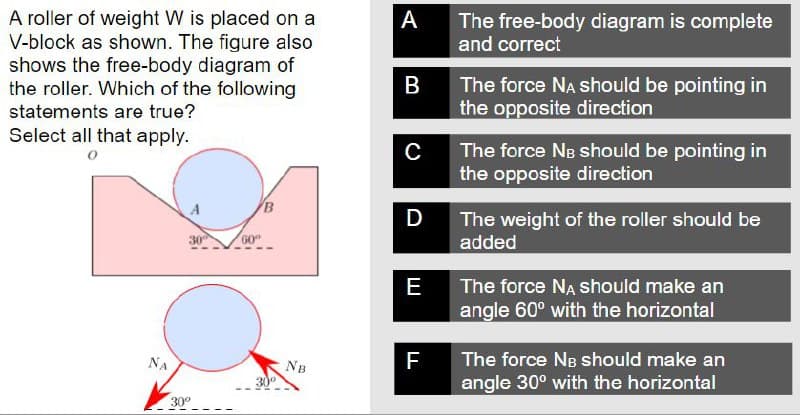 A roller of weight W is placed on a
V-block as shown. The figure also
shows the free-body diagram of
the roller. Which of the following
statements are true?
Select all that apply.
0
B
30°
NA
30º
60°
NB
A
B
с
D
E
F
The free-body diagram is complete
and correct
The force NA should be pointing in
the opposite direction
The force NB should be pointing in
the opposite direction
The weight of the roller should be
added
The force NA should make an
angle 60° with the horizontal
The force NB should make an
angle 30° with the horizontal