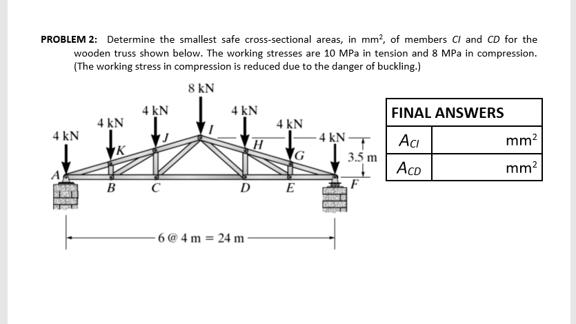 PROBLEM 2: Determine the smallest safe cross-sectional areas, in mm?, of members Cl and CD for the
wooden truss shown below. The working stresses are 10 MPa in tension and 8 MPa in compression.
(The working stress in compression is reduced due to the danger of buckling.)
8 kN
4 kN
4 kN
FINAL ANSWERS
4 kN
4 kN
4 kN
- 4 kN
Acı
mm?
K
3.5 m
ACD
mm2
A
в с
D E
F
PA
- 6 @ 4 m = 24 m
