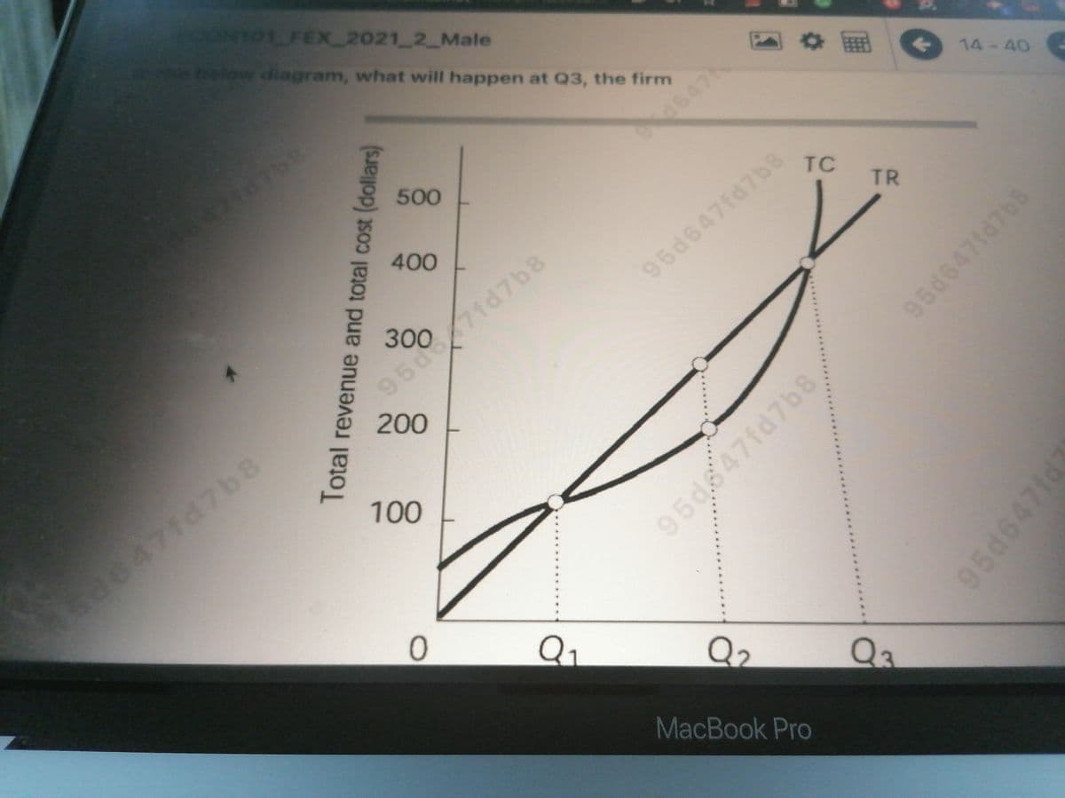 ONT01 FEX 2021 2 Male
elow diagram, what will happen at Q3, the firm
14-40
4647
500
TC
TR
400
950 7fd7b8
200
95d647fd7b8
300
100
eamem
s06471d7b8
Q1
Q2
Q3
MacBook Pro
Total revenue and total cost (dollars)
95d647fd7b8
95d647fd7b8
95d647fd
