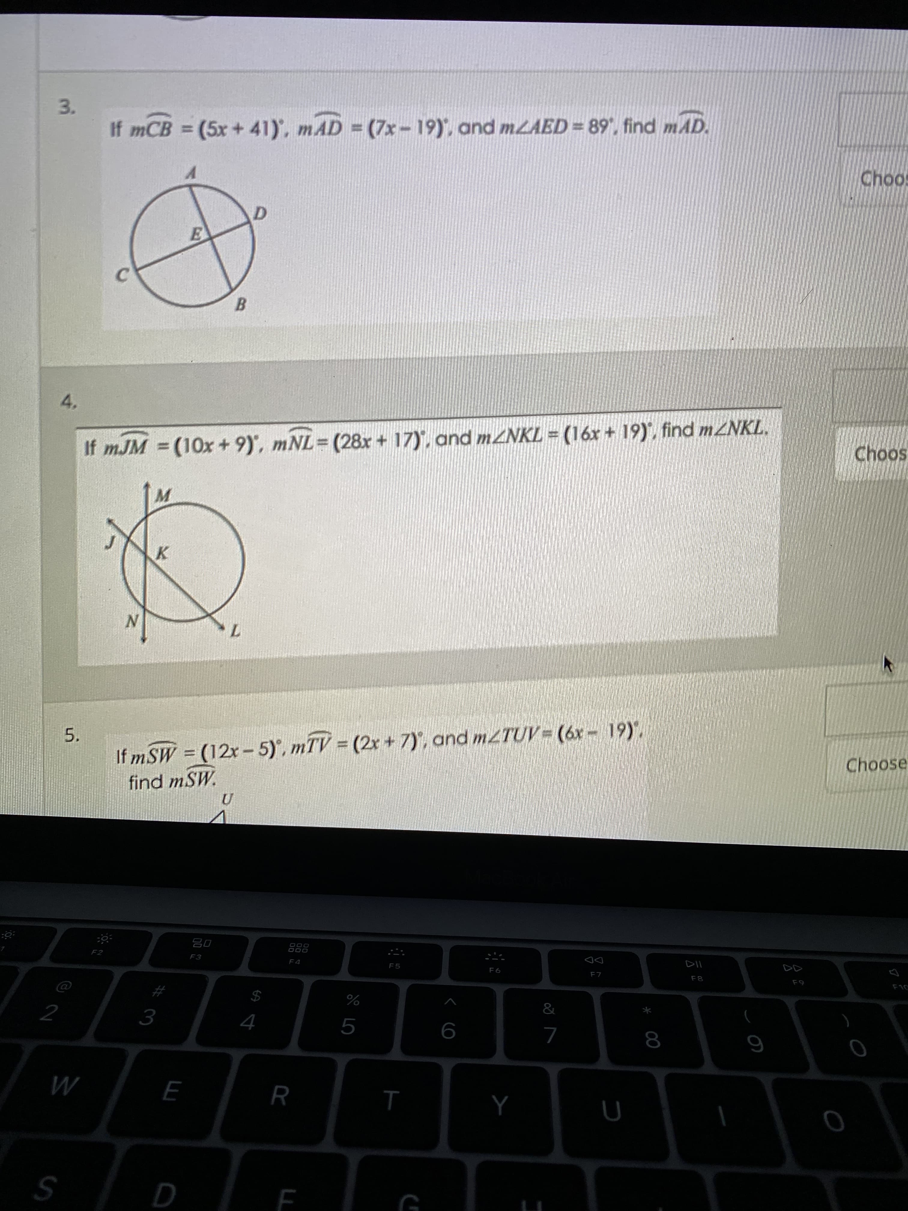 3.
If mCB = (5x + 41), mAD = (7x-19), and mzAED = 89, find mAD.
%3D
B.
