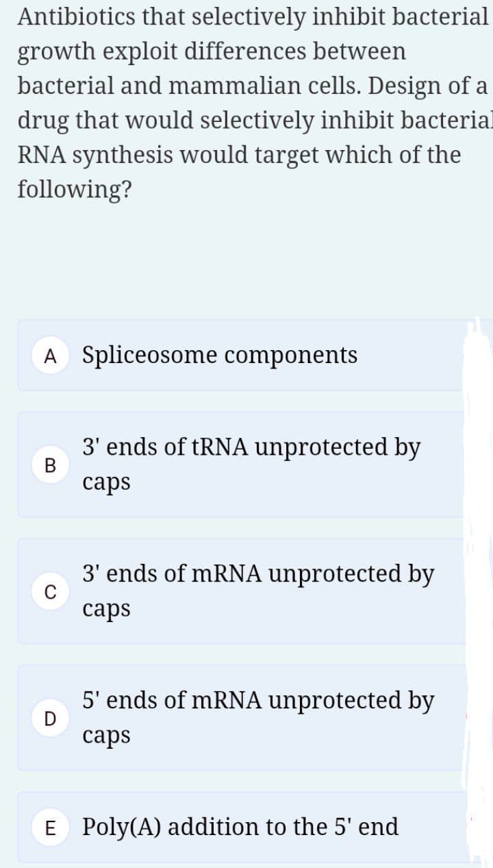 Antibiotics that selectively inhibit bacterial
growth exploit differences between
bacterial and mammalian cells. Design of a
drug that would selectively inhibit bacterial
RNA synthesis would target which of the
following?
A Spliceosome components
3' ends of tRNA unprotected by
сaps
3' ends of mRNA unprotected by
сaps
5' ends of mRNA unprotected by
сaps
E Poly(A) addition to the 5' end
