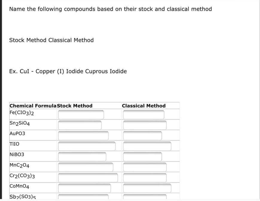 Name the following compounds based on their stock and classical method
Stock Method Classical Method
Ex. CuI Copper (I) Iodide Cuprous Iodide
Chemical Formula Stock Method
Fe(CIO3)2
Sn₂SiO4
AUPO3
TIIO
NIBO3
MnC204
Cr2(CO3)3
CoMnO4
Sb₂(SO3)5
Classical Method