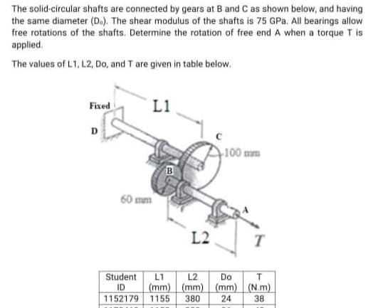 The solid-circular shafts are connected by gears at B and C as shown below, and having
the same diameter (D.). The shear modulus of the shafts is 75 GPa. All bearings allow
free rotations of the shafts. Determine the rotation of free end A when a torque T is
applied.
The values of L1, L2, Do, and T are given in table below.
Fixed
L1
D
100 mm
B
60 mm
L2
Student
ID
1152179 1155
L2
(mm) (mm) (mm) (N.m)
380
24
L1
Do
38
