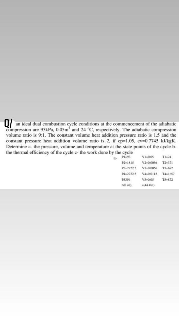 Q/
an ideal dual combustion cycle conditions at the commencement of the adiabatic
compression are 93kPa, 0.05m and 24 °C, respectively. The adiabatic compression
volume ratio is 9:1. The constant volume heat addition pressure ratio is 1.5 and the
constant pressure heat addition volume ratio is 2, if cp-1.05, cv-0.7745 kJ/kgK.
Determine a- the pressure, volume and temperature at the state points of the cycle b-
the thermal efficiency of the cycle c- the work done by the cycle
a- PI-93
VI-0.05
TI=24
P2=1815
V2-0.0056
T2-371
P3=2722.5
V3-0.0056
T3-692
P4-2722.5
V4-0.0112
T4=1657
PS359
VS-0.05
TS-872
b(0.48).
e(44.4kJ)
