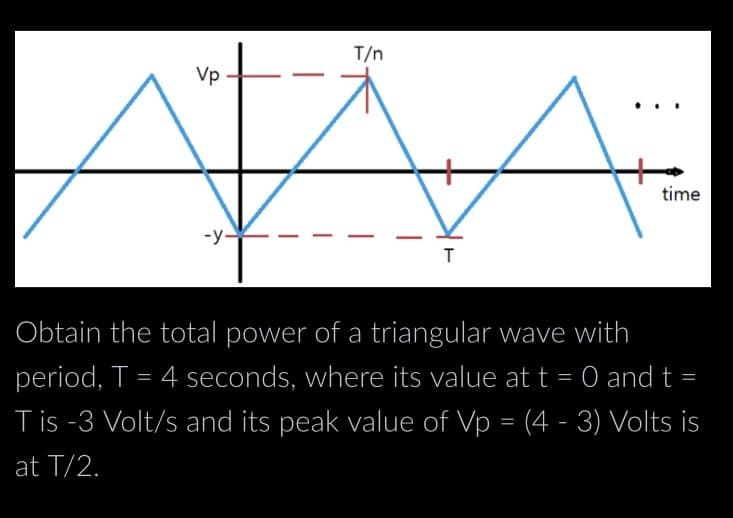 Vp
-y-
T/n
T
time
Obtain the total power of a triangular wave with
period, T = 4 seconds, where its value at t = 0 and t =
Tis -3 Volt/s and its peak value of Vp = (4 - 3) Volts is
at T/2.