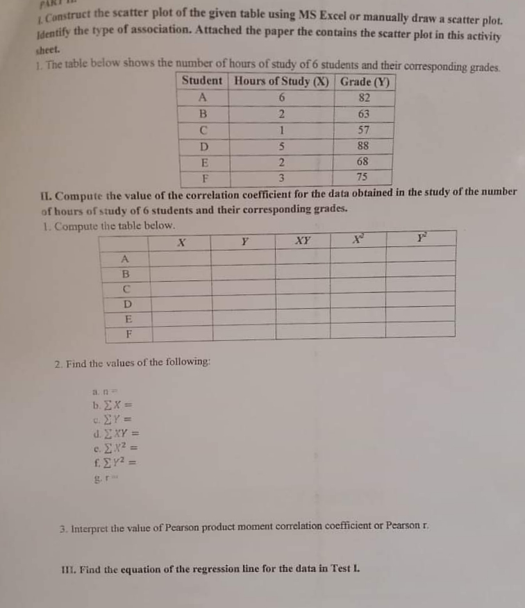 Canstruct the scatter plot of the given table using MS Excel or manually draw a scatter plot.
Ldentify the type of association. Attached the paper the contains the scatter plot in this activity
sheet.
1 The table below shows the number of hours of study of 6 students and their corresponding grades.
Student Hours of Study (X) Grade (Y)
A
82
B
63
C
57
D
88
E
2
68
F
3
75
II. Compute the value of the correlation coefficient for the data obtained in the study of the number
of hours of study of 6 students and their corresponding grades.
1. Compute the table below.
XY
A
D
2. Find the values of the following:
b. EX =
c. EY =
d. EXY =
e. Ex2 =
f.EY? =
3. Interpret the value of Pearson product moment correlation coefficient or Pearson r.
III. Find the equation of the regression line for the data in Test I.
