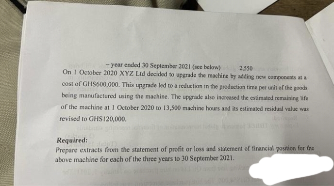 - year ended 30 September 2021 (see below)
On 1 October 2020 XYZ Ltd decided to upgrade the machine by adding new components at a
2,550
cost of GHS600,000. This upgrade led to a reduction in the production time per unit of the goods
being manufactured using the machine. The upgrade also increased the estimated remaining life
of the machine at 1 October 2020 to 13,500 machine hours and its estimated residual value was
revised to GHS120,000.
Required:
Prepare extracts from the statement of profit or loss and statement of financial position for the
above machine for each of the three years to 30 September 2021.
