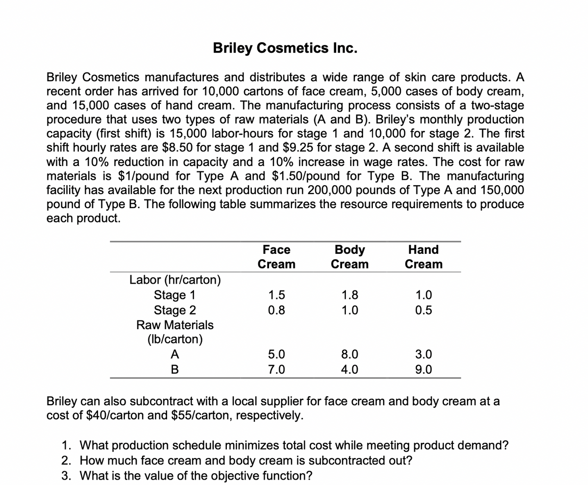 Briley Cosmetics Inc.
Briley Cosmetics manufactures and distributes a wide range of skin care products. A
recent order has arrived for 10,000 cartons of face cream, 5,000 cases of body cream,
and 15,000 cases of hand cream. The manufacturing process consists of a two-stage
procedure that uses two types of raw materials (A and B). Briley's monthly production
capacity (first shift) is 15,000 labor-hours for stage 1 and 10,000 for stage 2. The first
shift hourly rates are $8.50 for stage 1 and $9.25 for stage 2. A second shift is available
with a 10% reduction in capacity and a 10% increase in wage rates. The cost for raw
materials is $1/pound for Type A and $1.50/pound for Type B. The manufacturing
facility has available for the next production run 200,000 pounds of Type A and 150,000
pound of Type B. The following table summarizes the resource requirements to produce
each product.
Face
Body
Cream
Hand
Cream
Cream
Labor (hr/carton)
Stage 1
Stage 2
Raw Materials
1.5
1.8
1.0
0.8
1.0
0.5
(Ib/carton)
A
5.0
8.0
3.0
В
7.0
4.0
9.0
Briley can also subcontract with a local supplier for face cream and body cream at a
cost of $40/carton and $55/carton, respectively.
1. What production schedule minimizes total cost while meeting product demand?
2. How much face cream and body cream is subcontracted out?
3. What is the value of the objective function?
