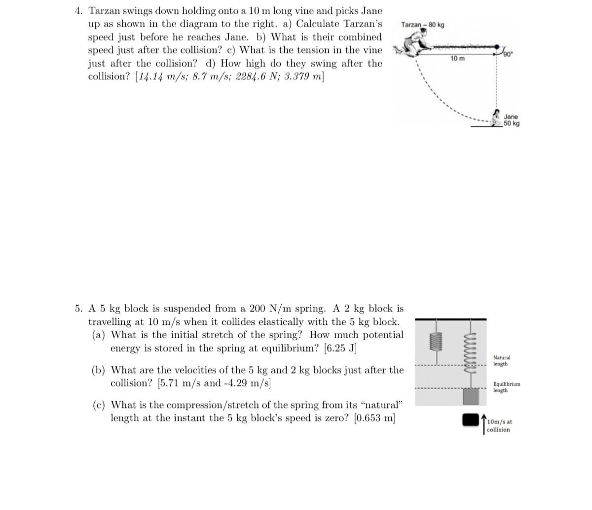 4. Tarzan swings down holding onto a 10 m long vine and picks Jane
up as shown in the diagram to the right. a) Calculate Tarzan's
speed just before he reaches Jane. b) What is their combined
speed just after the collision? c) What is the tension in the vine
just after the collision? d) How high do they swing after the
collision? [14.14 m/s; 8.7 m/s; 2284.6 N; 3.379 m]
Tarzan - 80 kg
90°
10 m
Jane
50 kg
5. A 5 kg block is suspended from a 200 N/m spring. A 2 kg block is
travelling at 10 m/s when it collides elastically with the 5 kg block.
(a) What is the initial stretch of the spring? How much potential
energy is stored in the spring at equilibrium? [6.25 J]
Natural
length
(b) What are the velocities of the 5 kg and 2 kg blocks just after the
collision? [5.71 m/s and -4.29 m/s]
Equilibrium
length
(c) What is the compression/stretch of the spring from its "natural"
length at the instant the 5 kg block's speed is zero? [0.653 m]
10m/s at
collision
