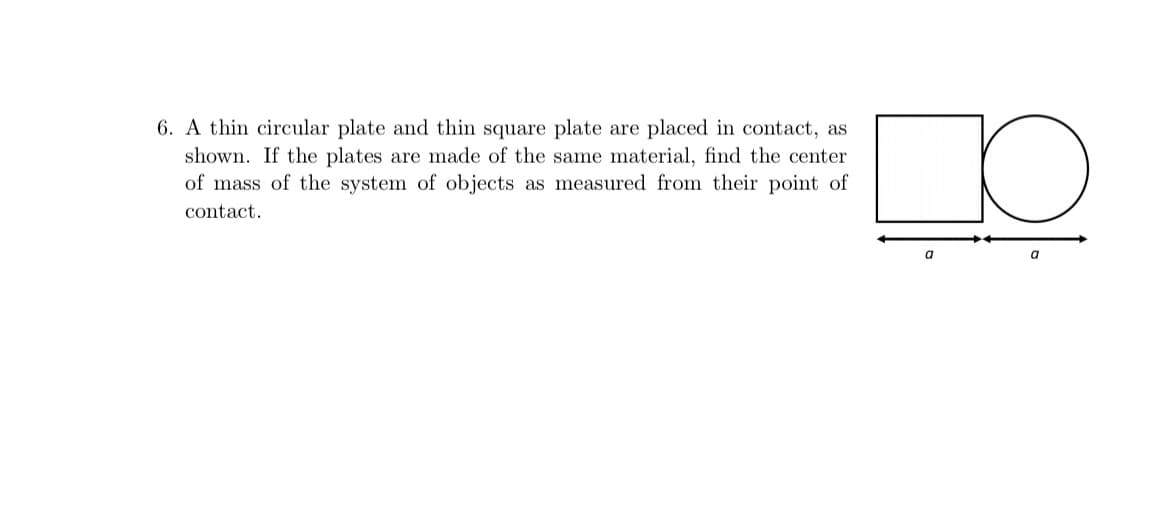 6. A thin circular plate and thin square plate are placed in contact, as
shown. If the plates are made of the same material, find the center
of mass of the system of objects as measured from their point of
contact.
a
