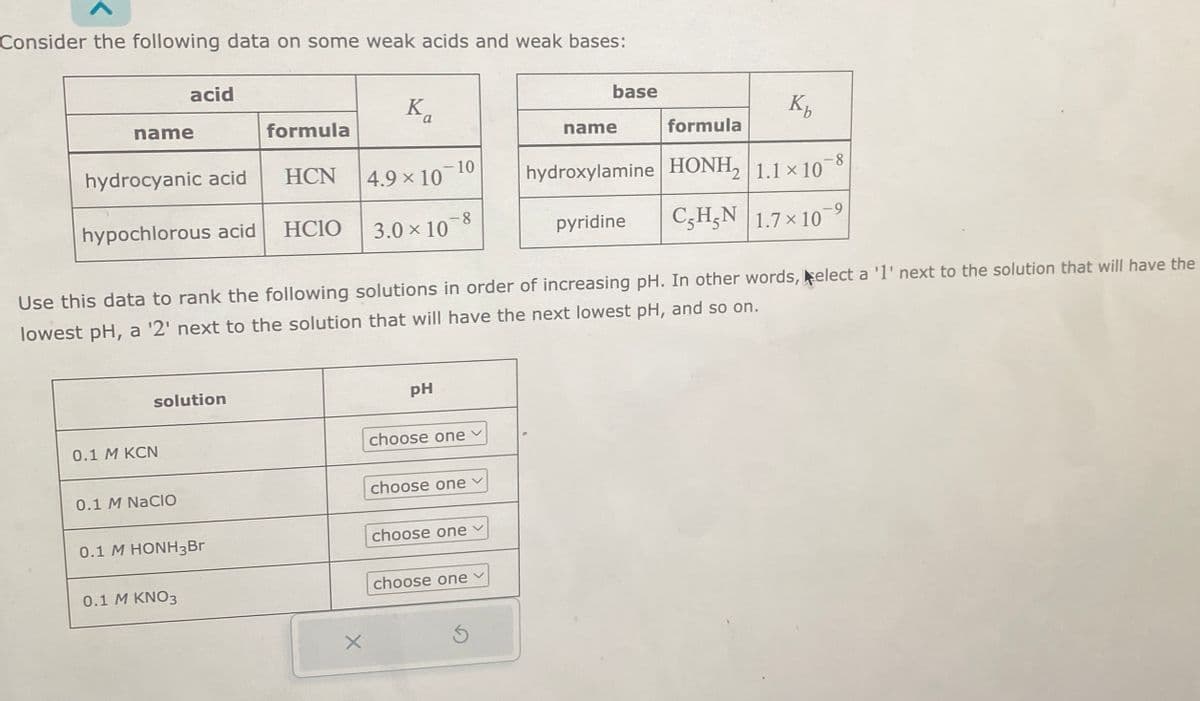 Consider the following data on some weak acids and weak bases:
name
hydrocyanic acid
acid
hypochlorous acid
solution
0.1 M KCN
0.1 M NACIO
0.1 M HONH3Br
0.1 M KNO3
formula
HCN
HCIO
Ka
X
4.9 × 10
- 10
3.0 × 10
Use this data to rank the following solutions in order of increasing pH. In other words, elect a '1' next to the solution that will have the
lowest pH, a '2' next to the solution that will have the next lowest pH, and so on.
pH
choose one
choose one
choose one
choose one ✓
base
Ś
K₂
-8
hydroxylamine | HONH₂|1.1 × 10
pyridine
name
formula
C₂H₂N 1.7 x 107
-9