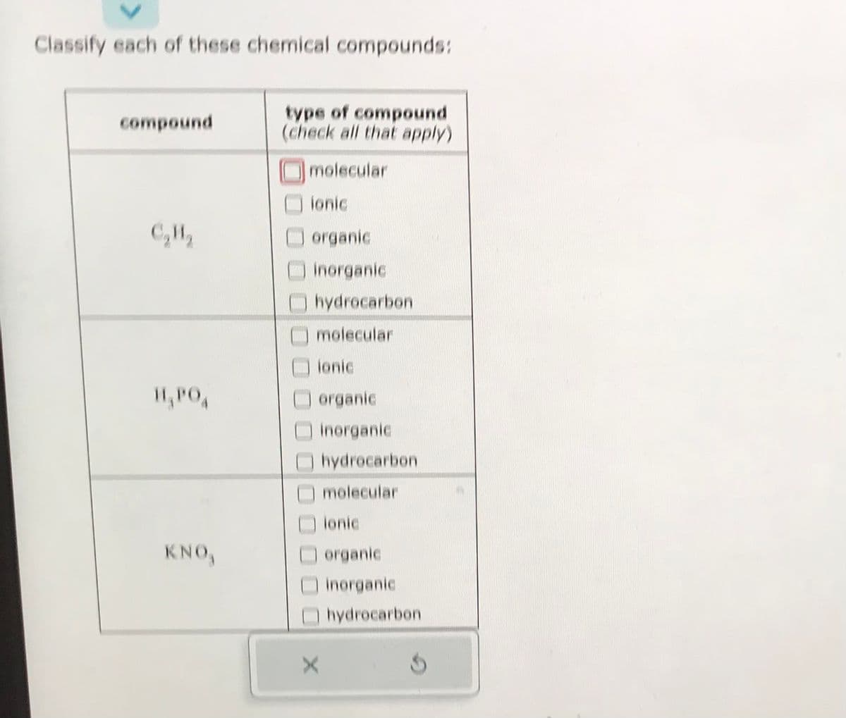 Classify each of these chemical compounds:
compound
Calla
H₂PO4
KNO,
type of compound
(check all that apply)
molecular
ionic
organic
inorganic
hydrocarbon
molecular
ionic
organic
inorganic
hydrocarbon
molecular
X
ionic
organic
inorganic
hydrocarbon