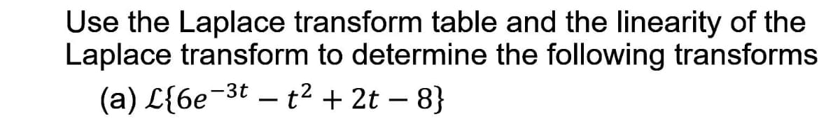 Use the Laplace transform table and the linearity of the
Laplace transform to determine the following transforms
(a) L{6e-3t – t² + 2t – 8}
