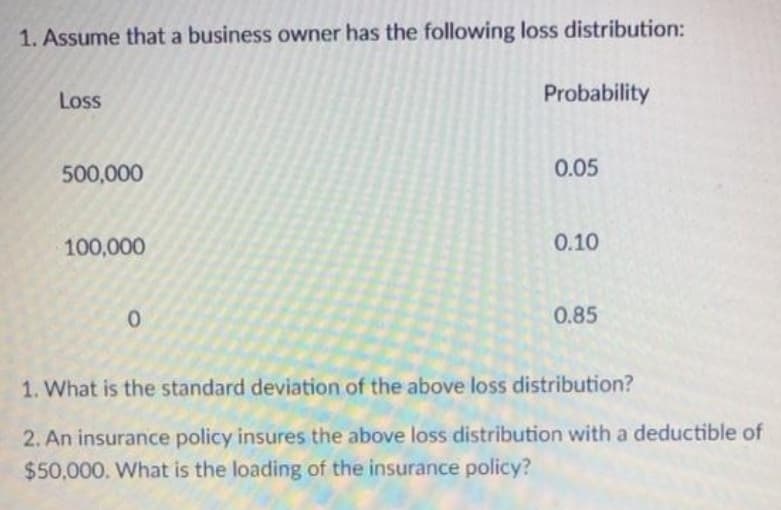 1. Assume that a business owner has the following loss distribution:
Loss
Probability
500,000
0.05
100,000
0.10
0.85
1. What is the standard deviation of the above loss distribution?
2. An insurance policy insures the above loss distribution with a deductible of
$50,000. What is the loading of the insurance policy?
