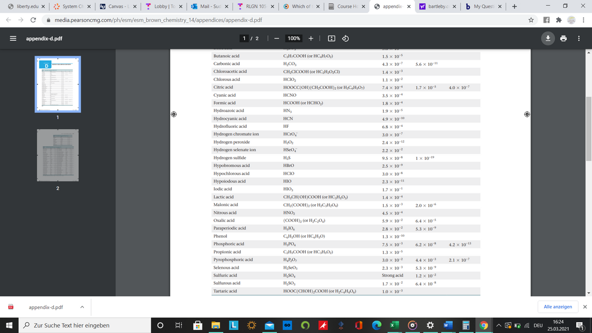 9 liberty.edu X
* System Ch x
4 Canvas - L X
Lobby | To x
O Mail - Sud x
T RLGN 105 x
O Which of
Course Hc X
9 appendix- x
y! bartleby.c X
b My Questi x
+
A media.pearsoncmg.com/ph/esm/esm_brown_chemistry_14/appendices/appendix-d.pdf
appendix-d.pdf
1 / 2
100%
+
Butanoic acid
C3H;COOH (or HC4H;O2)
1.5 × 10-5
Carbonic acid
H,CO3
4.3 × 10-7
5.6 x 10-11
Chloroacetic acid
CH2CICOOH (or HC2H2O2CI)
1.4 x 10-3
Chlorous acid
HCIO,
1.1 x 10-2
Citric acid
HOOCC(OH)(CH2COOH)2 (or H;C6H5O;)
7.4 x 104
1.7 x 10-5
4.0 × 10-7
Cyanic acid
HCNO
3.5 x 104
Formic acid
HCOOH (or HCHO2)
1.8 x 104
Hydroazoic acid
HN3
1.9 x 10-5
Hydrocyanic acid
НCN
4.9 x 10-10
Hydrofluoric acid
HF
6.8 x 104
Hydrogen chromate ion
3.0 x 10-7
Hydrogen peroxide
H2O2
2.4 x 10-12
Hydrogen selenate ion
2.2 × 10~2
Hydrogen sulfide
H2S
9.5 x 10-8
1x 10-19
Hypobromous acid
HBrO
2.5 x 10-9
Hypochlorous acid
HCIO
3.0 x 10-8
Hypoiodous acid
HIO
2.3 x 10-11
Iodic acid
HIO3
1.7 x 10-1
Lactic acid
CH;CH(OH)COOH (or HC3H;O3)
1.4 x 104
Malonic acid
CH2(COOH)2 (or H2C3H2O4)
1.5 x 103
2.0 x 10-6
Nitrous acid
HNO2
4.5 × 10-4
Oxalic acid
(COOH)2 (or H,C,O,)
5.9 x 10-2
6.4 × 10-5
Paraperiodic acid
H;IO,
2.8 x 10-2
5.3 x 10-9
Phenol
C,H5OH (or HC,HgO)
1.3 x 10-10
Phosphoric acid
H,PO4
7.5 × 10~3
6.2 × 108
4.2 × 10~13
Propionic acid
C2H$COOH (or HC3H;O2)
1.3 x 10-5
Pyrophosphoric acid
H,P,O,
3.0 x 10-2
4.4 × 10-3
2.1 × 10-7
Selenous acid
H2SEO3
2.3 x 10 3
5.3 x 10 9
Sulfuric acid
H2SO4
Strong acid
1.2 x 10-2
Sulfurous acid
H,SO3
1.7 × 10 ²
6.4 × 10 8
Tartaric acid
HOOC(CHOH),COOH (or H,C,H,O)
1.0 × 10-3
appendix-d.pdf
Alle anzeigen
16:24
O Zur Suche Text hier eingeben
E 1, G DEU
GO
25.03.2021
...
(o
II
