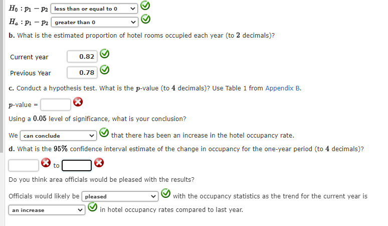 Ho: P1 - P2 less than or equal to 0
H₂ : P₁ P2
greater than 0
b. What is the estimated proportion of hotel rooms occupied each year (to 2 decimals)?
0.82
Current year
Previous Year
0.78
c. Conduct a hypothesis test. What is the p-value (to 4 decimals)? Use Table 1 from Appendix B.
p-value=
Using a 0.05 level of significance, what is your conclusion?
We can conclude
that there has been an increase in the hotel occupancy rate.
d. What is the 95% confidence interval estimate of the change in occupancy for the one-year period (to 4 decimals)?
to
Do you think area officials would be pleased with the results?
Officials would likely be pleased
an increase
with the occupancy statistics as the trend for the current year is
in hotel occupancy rates compared to last year.