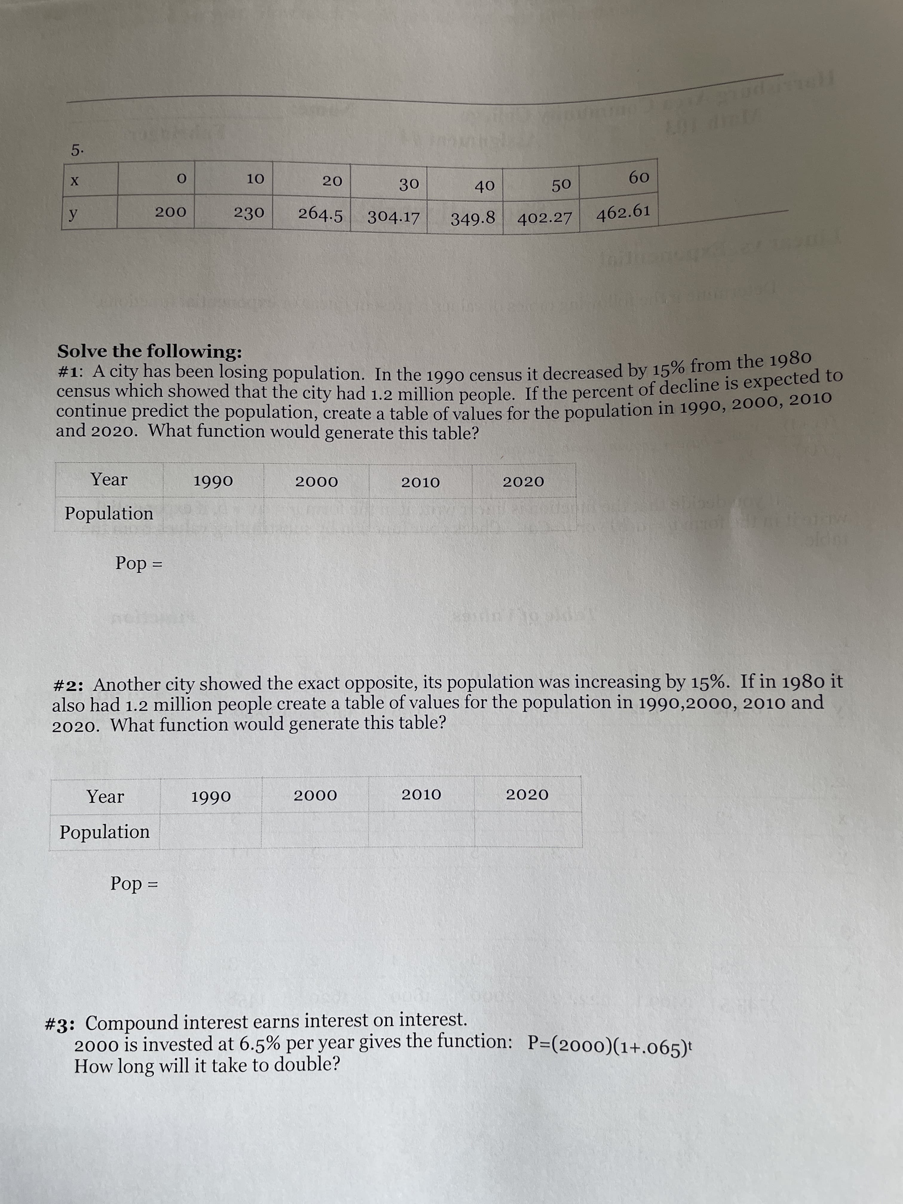 5.
09
30
230
264.5
304.17
349.8 402.27
462.61
Solve the following:
#1: A city has been losing population. In the 1990 census it decreased by 15% from the 190
census which showed that the city had 1.2 million people If the percent of decline is expected to
continue predict the population, create a table of values for the population in 1990, 2000, 2010
and 2020. What function would generate this table?
Year
2010
2020
066
Population
%3D
= do]
#2: Another city showed the exact opposite, its population was increasing by 15%. If in 1980 it
also had 1.2 million people create a table of values for the population in 1990,2000, 2010 and
2020. What function would generate this table?
Year
2010
2020
000
066
Population
%D
= do]
#3: Compound interest earns interest on interest.
2000 is invested at 6.5% per year gives the function: P=(20o00)(1+.065)t
How long will it take to double?

