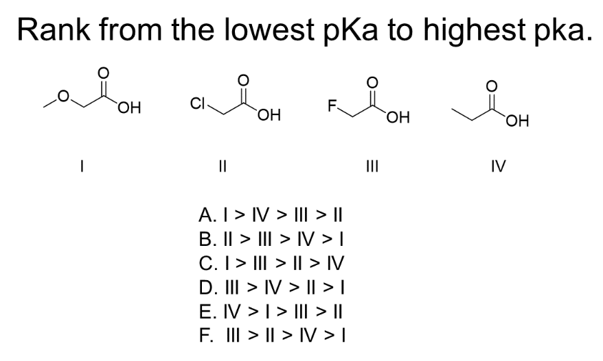 Rank from the lowest pKa to highest pka.
FÅ
F
I
OH
CI
||
OH
A. I > IV > III > ||
B. II > III > IV > I
C. I > | > | > IV
D. III > IV> || > |
E. IV > I > III > ||
F. III > | > IV > I
=
OH
OH
IV