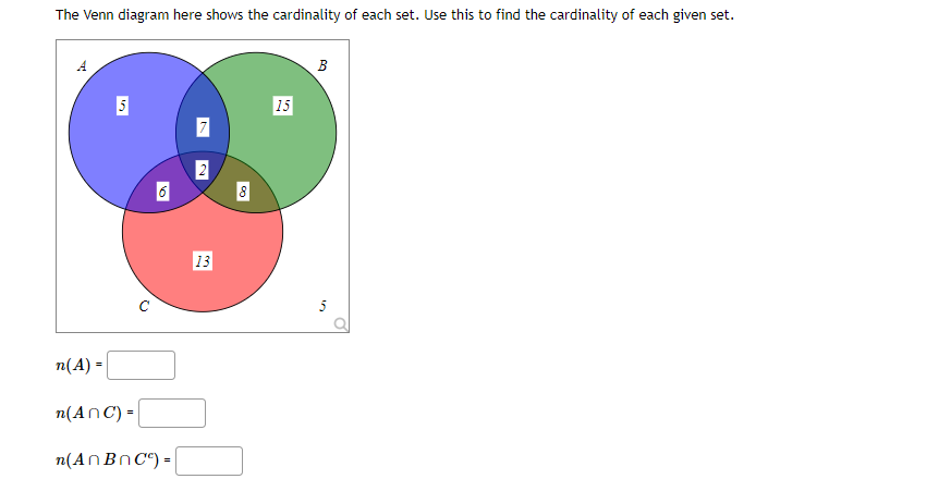 The Venn diagram here shows the cardinality of each set. Use this to find the cardinality of each given set.
n(A) =
5
n(ANC) =
6
n(AnBnC) =
2
13
8
15
B
5