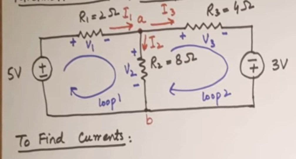 SV (+
R₁ = 252 1₁
1
a
loop!
To Find Currents:
I₂
V₂ R₂ = 852
13
b
R3=452
Vs
loop 2
+1
3V