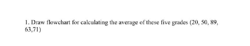 1. Draw flowchart for calculating the average of these five grades (20, 50, 89,
63,71)
