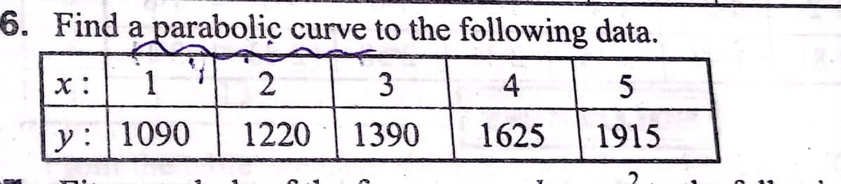 6. Find a parabolic curve to the following data.
x :
1
3
4
y : 1090
1220
1390
1625
1915
