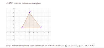 AABC shown on the coordinate plane
Select all the statements that corecty describe the efect of the rule (z, v) + (z+3, y- 4) on AABC.
