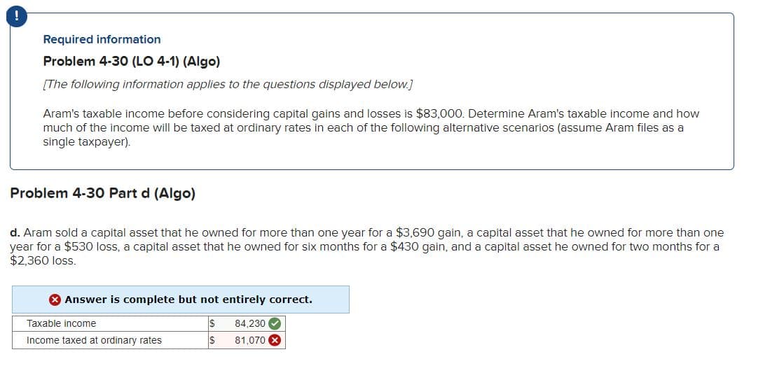 Required information
Problem 4-30 (LO 4-1) (Algo)
[The following information applies to the questions displayed below.]
Aram's taxable income before considering capital gains and losses is $83,000. Determine Aram's taxable income and how
much of the income will be taxed at ordinary rates in each of the following alternative scenarios (assume Aram files as a
single taxpayer).
Problem 4-30 Part d (Algo)
d. Aram sold a capital asset that he owned for more than one year for a $3,690 gain, a capital asset that he owned for more than one
year for a $530 loss, a capital asset that he owned for six months for a $430 gain, and a capital asset he owned for two months for a
$2,360 loss.
> Answer is complete but not entirely correct.
$ 84,230✔
$ 81,070
Taxable inco
Income taxed at ordinary rates