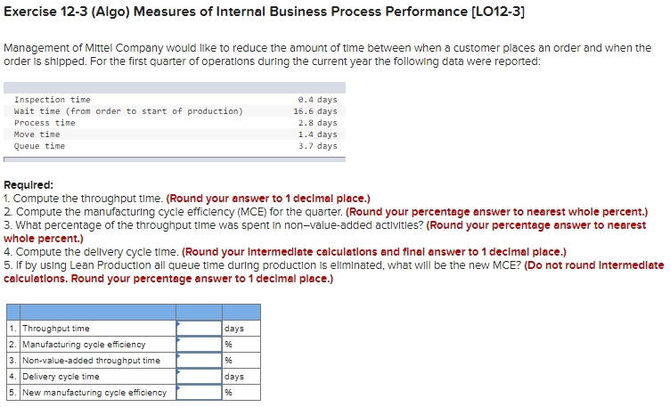 Exercise 12-3 (Algo) Measures of Internal Business Process Performance [LO12-3]
Management of Mittel Company would like to reduce the amount of time between when a customer places an order and when the
order is shipped. For the first quarter of operatlons during the current year the following data were reported:
Inspection time
Wait time (from order to start of production)
0.4 days
16.6 days
Process time
2.8 days
1.4 days
3.7 days
Move time
Queue time
Requlred:
1. Compute the throughput time. (Round your answer to 1 decimal place.)
2. Compute the manufacturing cycle efficiency (MCE) for the quarter. (Round your percentage answer to nearest whole percent.)
3. What percentage of the throughput time was spent In non-value-added activitles? (Round your percentage answer to nearest
whole percent.)
4. Compute the dellvery cycle time. (Round your Intermedlate calculations and final answer to 1 decimal place.)
5. If by using Lean Production all queue time during production is eliminated, what will be the new MCE? (Do not round Intermedlate
calculations. Round your percentage answer to 1 decimal place.)
1. Throughput time
2. Manufacturing cycle efficiency
days
3. Non-value-added throughput time
4. Delivery cycle time
5. New manufacturing cycle efficiency
days
