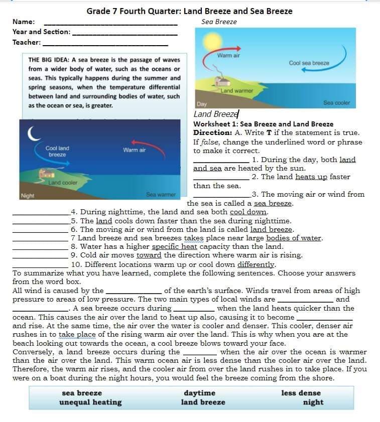 Grade 7 Fourth Quarter: Land Breeze and Sea Breeze
Name:
Sea Breeze
Year and Section:
Teacher:
Warm air
THE BIG IDEA: A sea breeze is the passage of waves
Cool sea breeze
from a wider body of water, such as the oceans or
seas. This typically happens during the summer and
spring seasons, when the temperature differential
between land and surrounding bodies of water, such
Land warmer
Day
Land Breeze
Sea cooler
as the ocean or sea, is greater.
Worksheet 1: Sea Breeze and Land Breeze
Direction: A. Write T if the statement is true.
If false, change the underlined word or phrase
to make it correct.
Cool land
Warm air
breeze
1. During the day, both land
and sea are heated by the sun.
2. The land heats up faster
Land cooler
than the sea.
Night
Sea warmer
3. The moving air or wind from
the sea is called a sea breeze.
4. During nighttime, the land and sea both cool down.
5. The land cools down faster than the sea during nighttime.
6. The moving air or wind from the land is called land breeze.
7 Land breeze and sea breezes takes place near large bodies of water.
8. Water has a higher specific heat capacity than the land.
9. Cold air moves toward the direction where warm air is rising.
10. Different locations warm up or cool down differently.
To summarize what you have learned, complete the following sentences. Choose your answers
from the word box.
All wind is caused by the
pressure to areas of low pressure. The two main types of local winds are
of the earth's surface. Winds travel from areas of high
and
A sea breeze occurs during
when the land heats quicker than the
ocean. This causes the air over the land to heat up also, causing it to become
and rise. At the same time, the air over the water is cooler and denser. This cooler, denser air
rushes in to take place of the rising warm air over the land. This is why when you are at the
beach looking out towards the ocean, a cool breeze blows toward your face.
Conversely, a land breeze occurs during the.
than the air over the land. This warm ocean air is less dense than the cooler air over the land.
when the air over the ocean is warmer
Therefore, the warm air rises, and the cooler air from over the land rushes in to take place. If you
were on a boat during the night hours, you would feel the breeze coming from the shore.
sea breeze
daytime
land breeze
less dense
unequal heating
night
