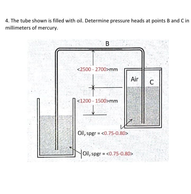 4. The tube shown is filled with oil. Determine pressure heads at points B and C in
millimeters of mercury.
<2500 - 2700>mm
Air
C
<1200 - 1500>mm
Oil, spgr = <0.75-0.80>
YOil, spgr = <0.75-0.80>
